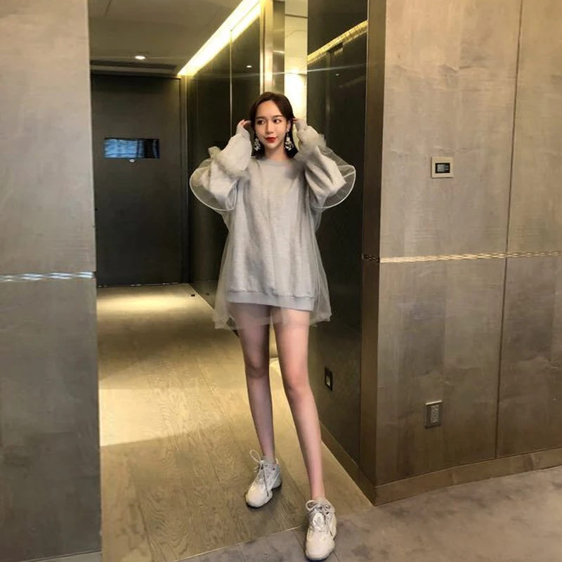 Осень 2019 новый уличная мода винтажный пуловер сетка Patchw толстовка женская одежда