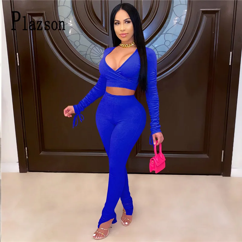 

Autumn Winter 2 Piece Sets Women knitted Long sleeves Cropped top And Pencil Pants Deep V-neck Two-Piece Outfits Solid Clothing