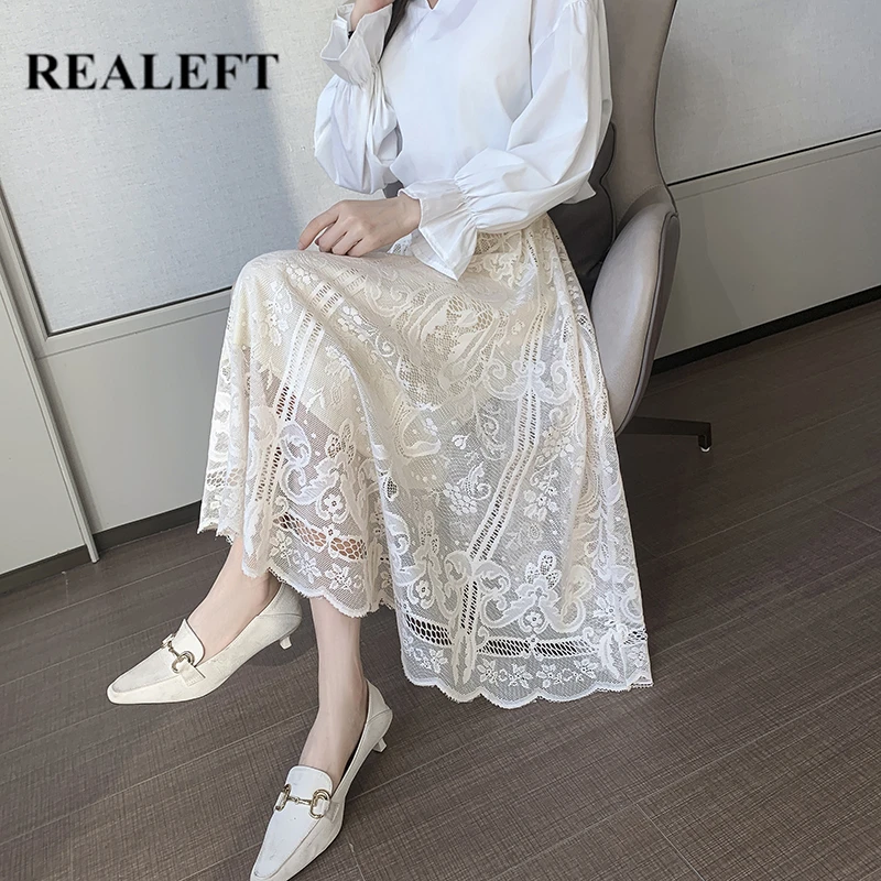 

REALEFT Elegant Women's Lace Crochet Umbrella Skirts 2021 New High Waist Hollow Out Female Office Midi Skirts Spring Summer