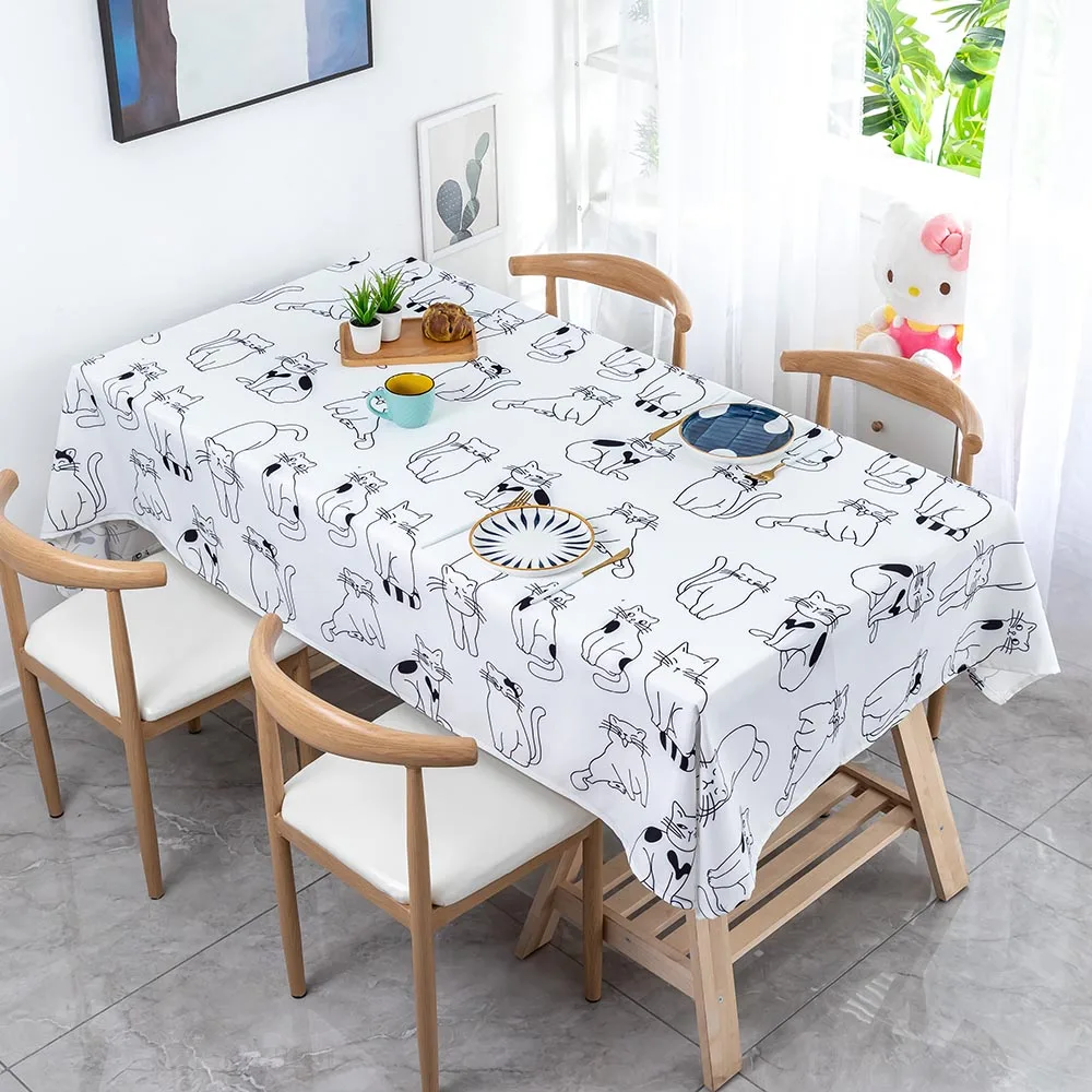 Cat themed waterproof white tablecloth0