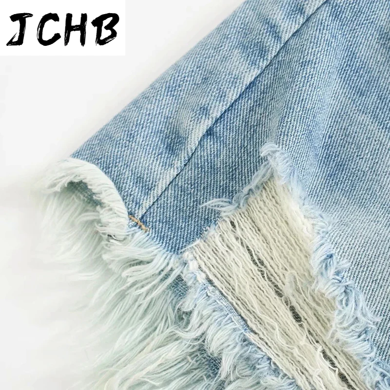 

SHZQJCHB Women Summer Ripped Shorts Jeans High Waist Streetwear Mom Shorts Casual Zipper Fly Denim Short With Tassel Pockets