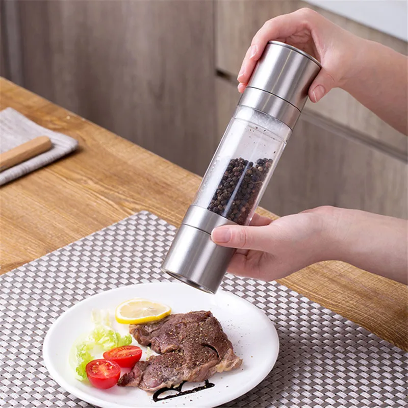 Salt Shakers 2 in 1 Double Head Stainless Steel Manual Pepper Mill Grinder Transparent Barbecue Seasoning Tank Cooking Tool | Дом и сад