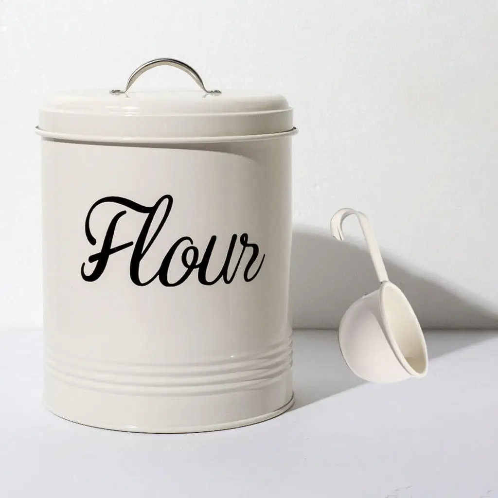 

White Metal Food Flour Storage Tin Jar Canister 5L Container with Scoop, Multi-functional