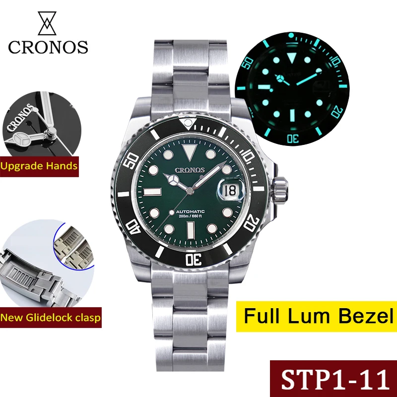 

Cronos 40mm Men's SUB Dive Watch Ceramic Bezel Sapphire Luxury STP 1-11 Swiss Automatic Movement 200 meters Water Resistant Lume