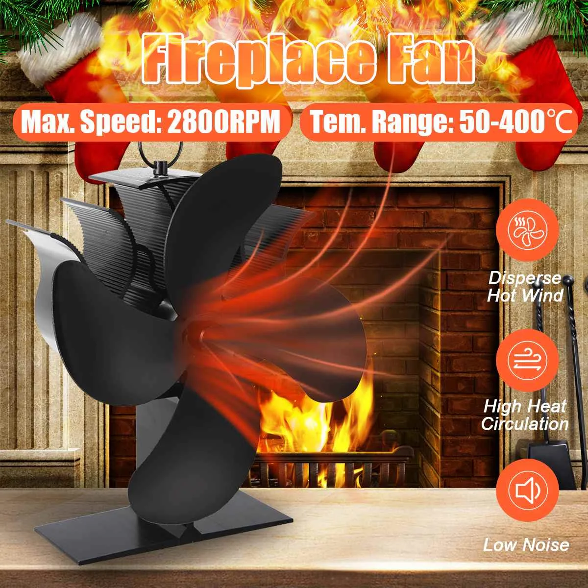 

Вентилятор для дровяной плиты, черный камин с 4 лопастями, работающий от нагрева, беззвучная и эффективная подача тепла