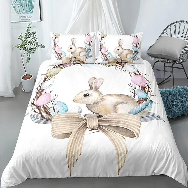 

3D Cartoon Rabbit Printed Bedding Set 3pcs Happy Easter Duvet Quilt Cover Pillowcase for Home Bedroom Large Size Drop Shipping