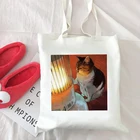 Холщовая Сумка в литературном ретро-стиле для женщин, Повседневная Дамская сумочка для покупок с принтом кошки в стиле Харадзюку, многоразовые ручные тоуты