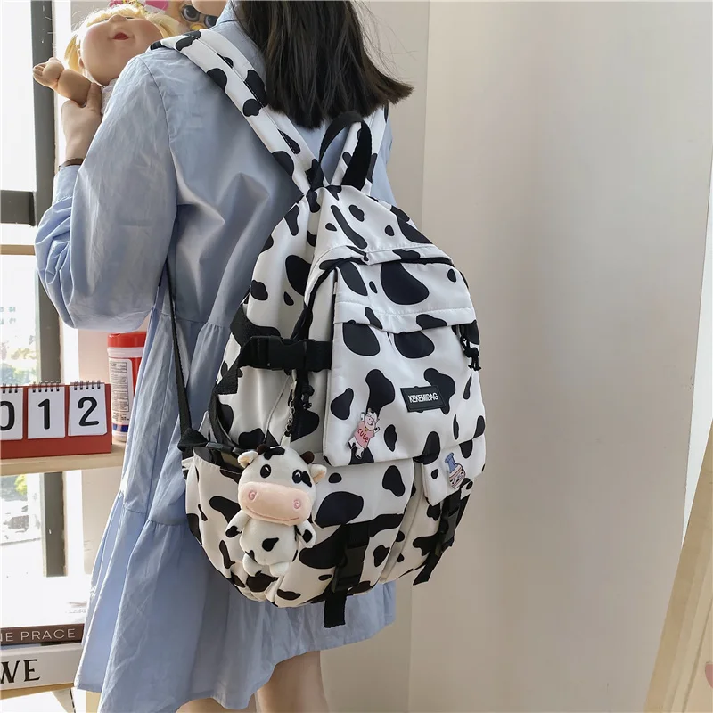 

Multi-Pocket Knapsack Cute Cow Print Women Backpack Students School Bag Teenage Girl Bookbag Waterproof Female Laptop Bag