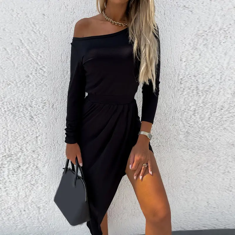 

Женское длинное платье с диагональным воротником, женские платья с длинным рукавом, плиссированное асимметричное однотонное облегающее же...