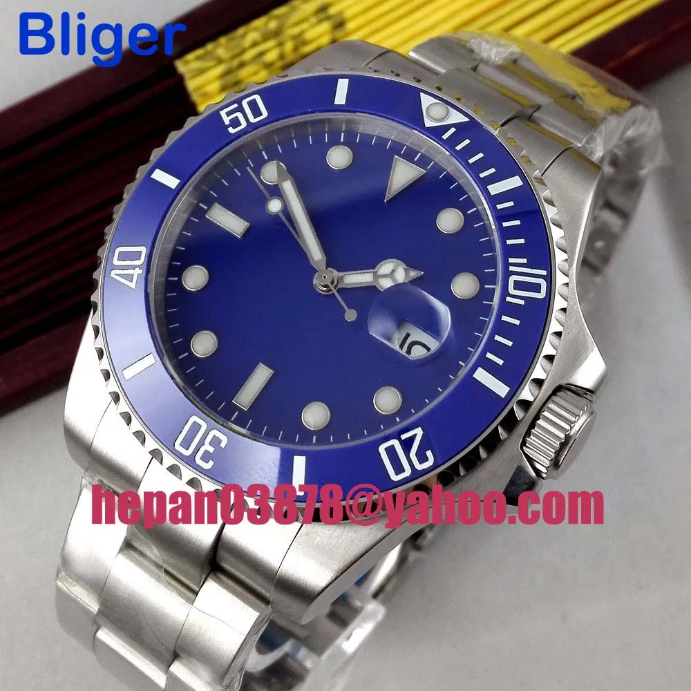 

Автоматические Мужские часы с сапфировым стеклом Bliger 43 мм Miyota 8215, синий стерильный циферблат, Светящийся синий керамический ободок 302