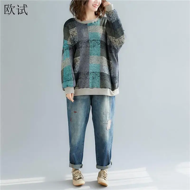 

Зимний вязаный Свитер оверсайз, Женский бархатный теплый клетчатый кашемировый женский свитер, Модный женский пуловер в Корейском стиле, ...