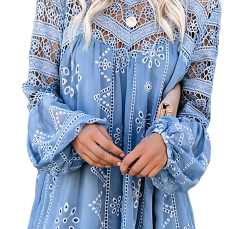 

2021 Women Dress Sexy Party Skirts Wispy Chain Link Flower Round Neck Long-sleeved Leisure Holiday Short Skirt Dresses