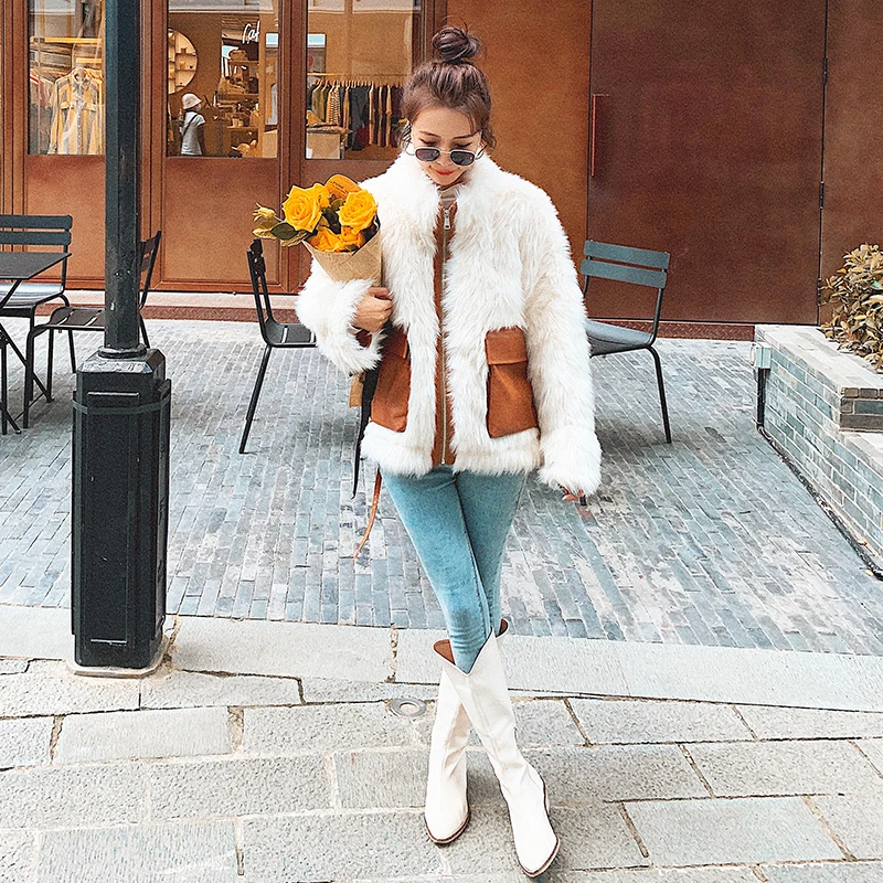

Autumn Winter 2020 Female Jacket New Loose Thickened Casual Long Fur Imitation Contrast Big Pocket Wool Short Women Coat A85