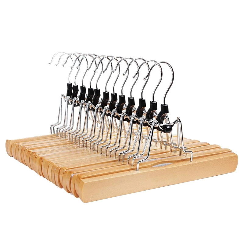 

12 Pack Pants Hangers,Solid Wood Hanger Anti-Slip Felt 360 Degree Rotatable Hook Trouser Clamp Hanger