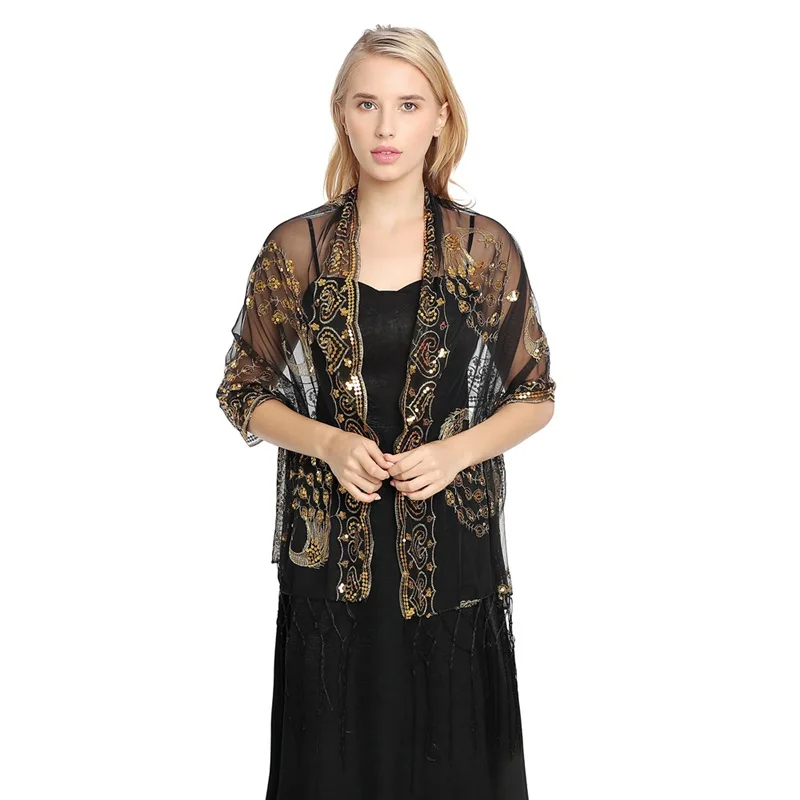 

Luxury Sequin Scarves Lady Unique Shawl Scarf Peacock Embroidery Sequin Tassel Muffler Party Evening Dress Cheongsam Shawls