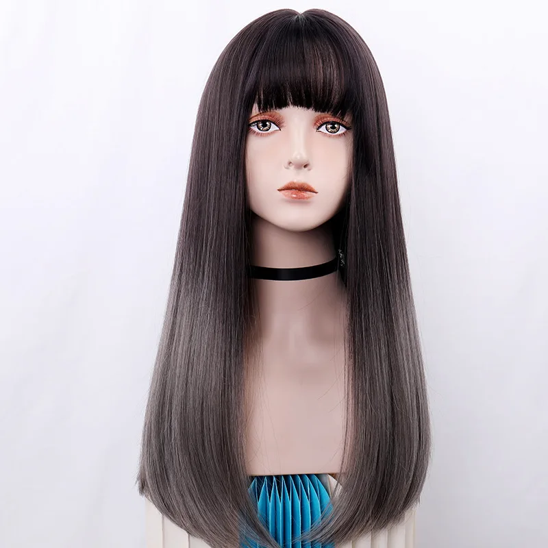 

Long Straight Wig Cosplay Synthetic Wig for Women Cosplay Hair Wigs with Neat Bangs Natural Fake Hair Heat Resistant Fiber