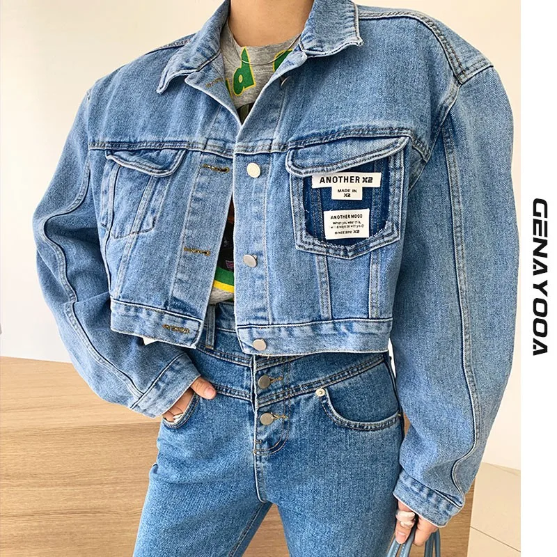 

Женская джинсовая куртка Genayooa, джинсовая куртка с отложным воротником и длинными рукавами в Корейском стиле, Осень-зима 2021