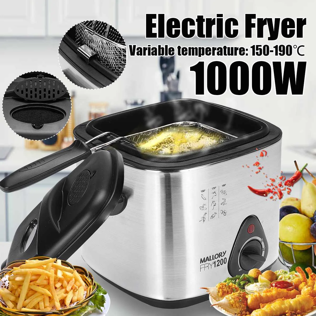 

1000W Electric Deep Fryer 1.5L French Frie Frying Machine Oven Hot Pot Fried Chicken Grill Adjustable Thermostat Kitchen Cooking