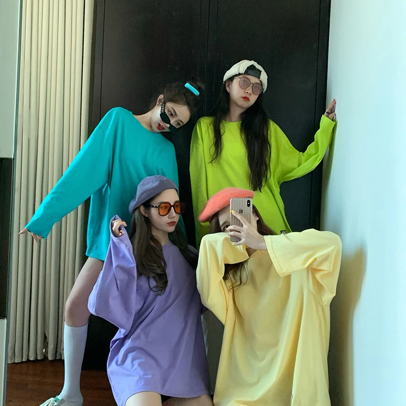 

6 colors autumn korean style loose women sun protectition tops solid color long Sleeve t-shirt Womens Tees shirt femme (R99922)