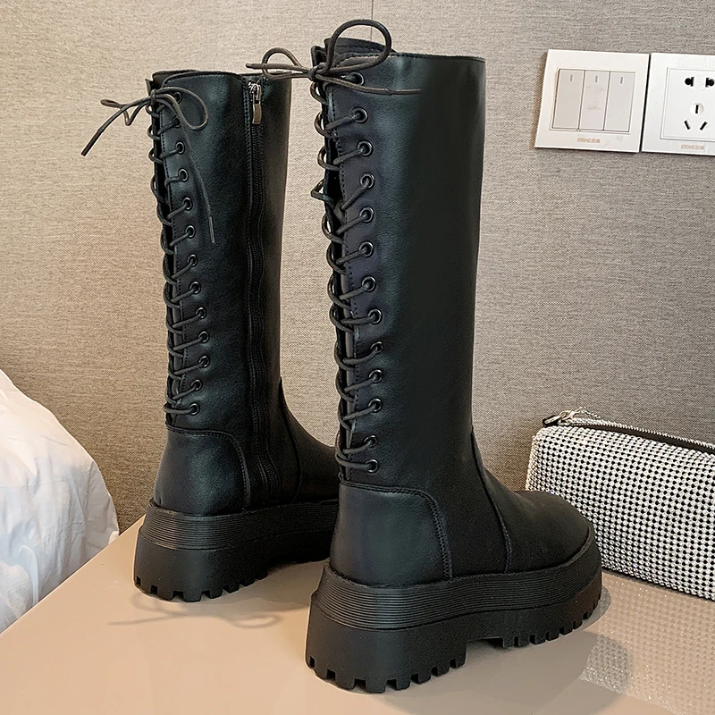 

ADBOOV Thick Sole Platform Boots Women Luxury Brand Design Mid-calf Knight Boots Lace Up Leather Shoes