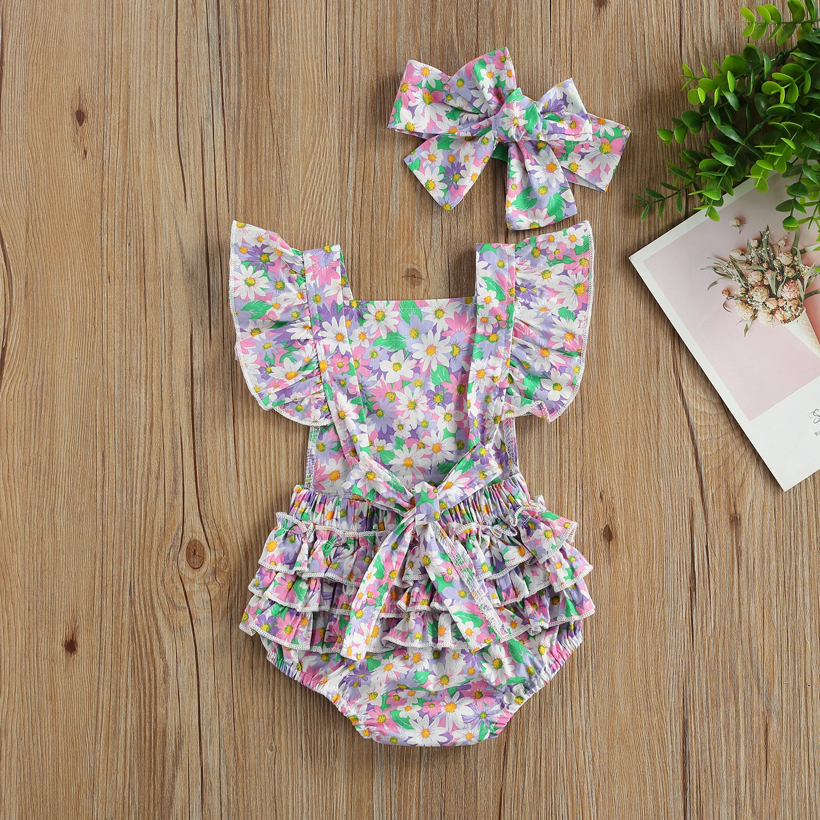 

0-12M Newborn Romper Summer Toddler Infant Girl Floral Ruffle Fly Sleeve Romper Jumpsuit Headband 2pcs Cotton Outfits