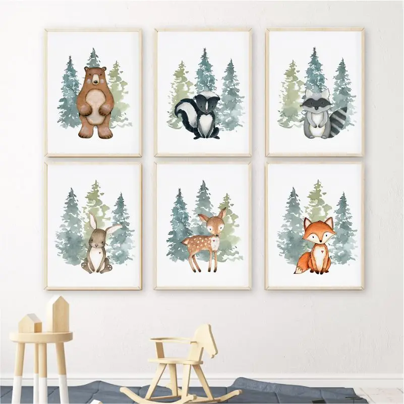 Животные с леса домашний декор холст живопись лиса плакаты оленем и принты милая