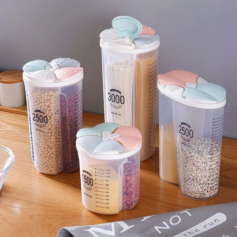 

Grain Storage Box Compartmentalized Grocery Storage Jar Kitchen with Divider Storage Box Moisture-proof Flower Petal Sealing Jar