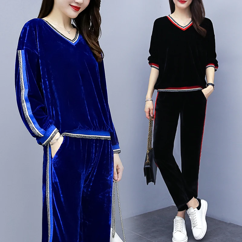 Спортивный костюм плюша с V образным вырезом осенний больших размеров тонкие