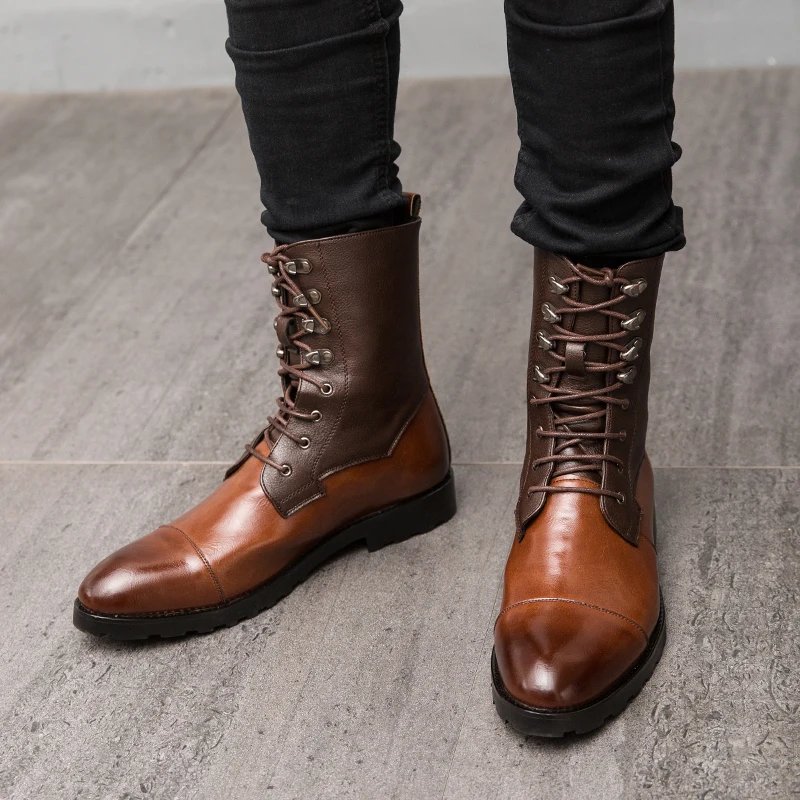 Мужские высокие ботинки на шнуровке черные деловые винтажная кожаная обувь