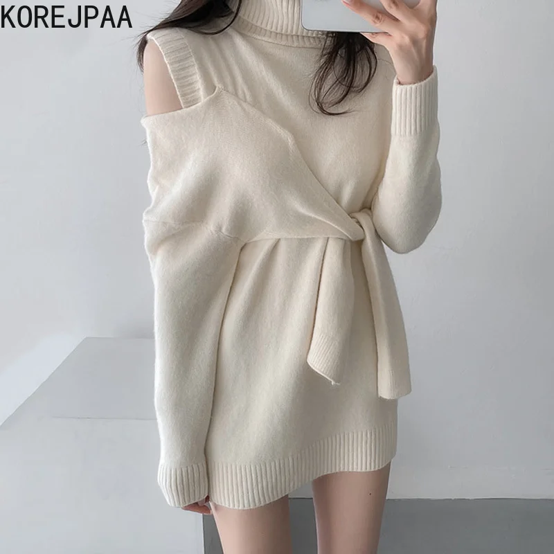 

Korejpaa Hollow Off Shoulder Sweaters Women Turtleneck Strappy Waist Warm Knitted Pullover Female Casual Long Sleeve Top New