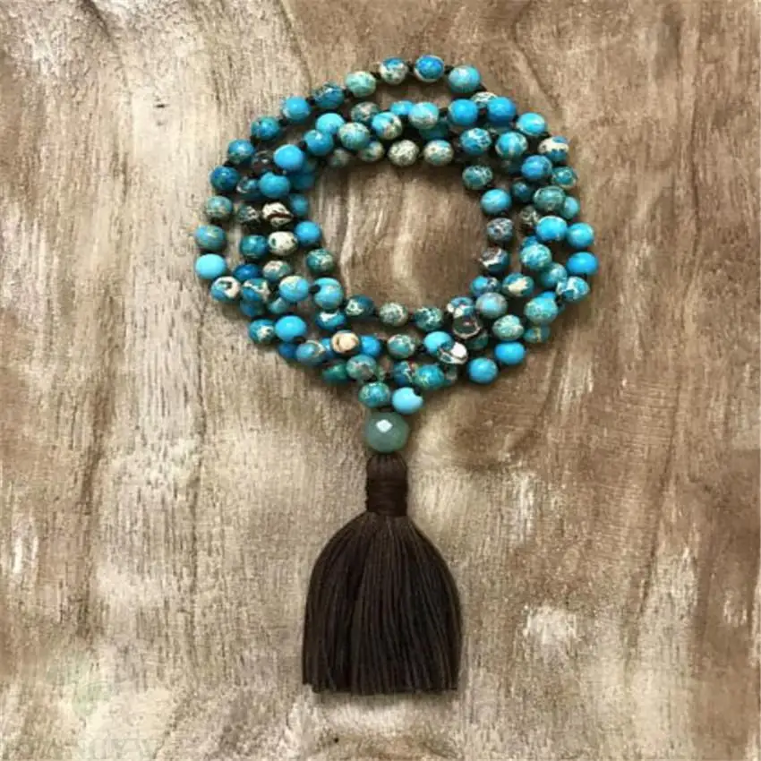 

6mm blue Imperial Jasper 108 Beads Gemstone mala Necklace cuff Handmade Fancy Chakas pray Tassel Healing energy Sutra Wrist