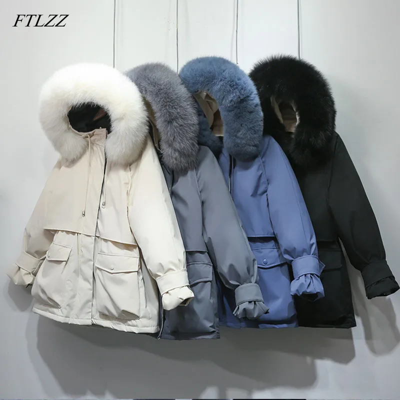 Женская куртка на утином пуху FTLZZ Толстая теплая парка с большим поясом