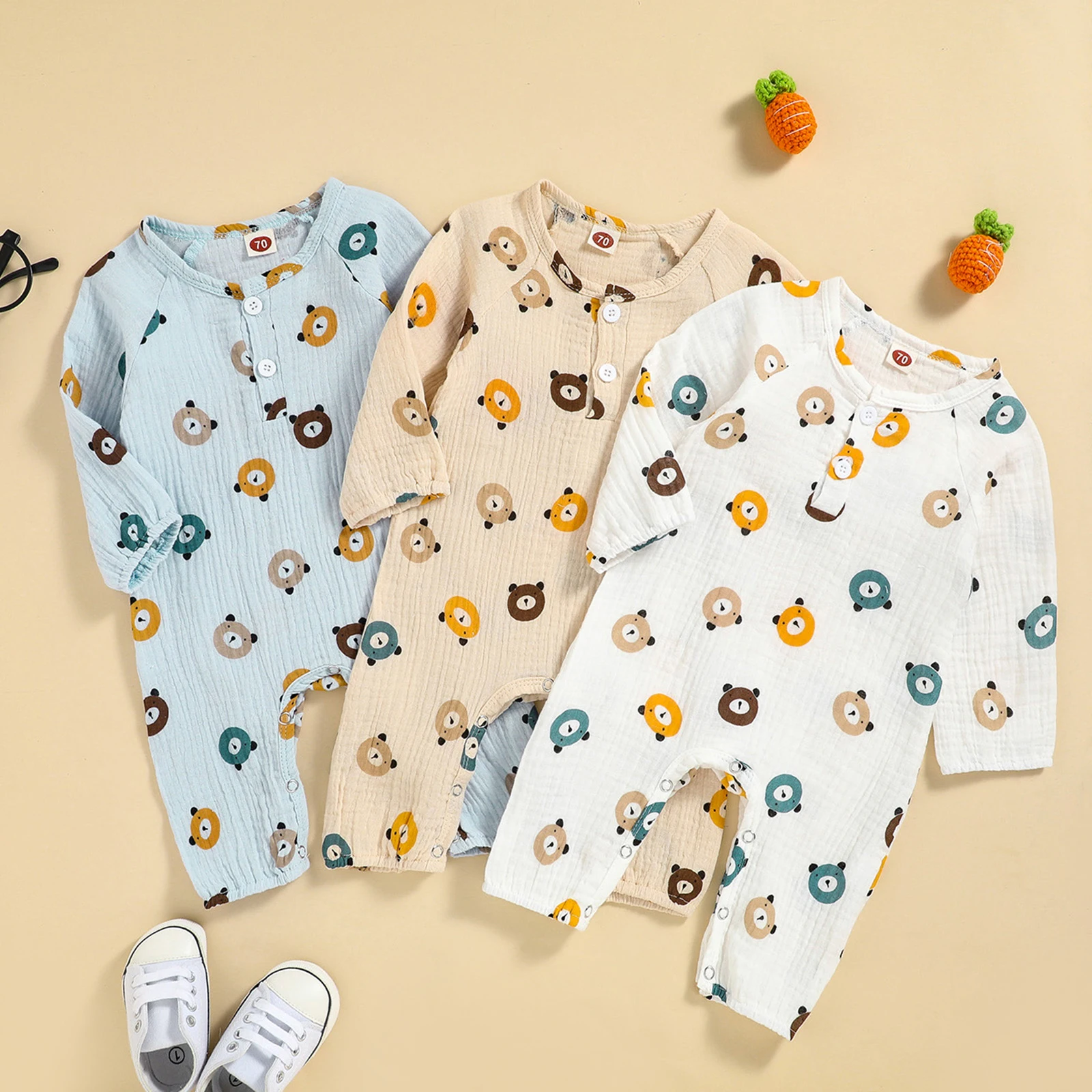 

Spring Infant Baby Cartoon Printed Jumpsuit Long Sleeve Round Neck with Buttoned Romper for Boys/Girls 0-18 Months