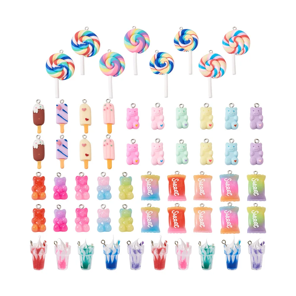 

80pcs Opaque Resin Pendants Colorful Gummy Bear Candy Lollipop Pendant Charms for Necklace Bracelet Diy Earrings Jewelry Making