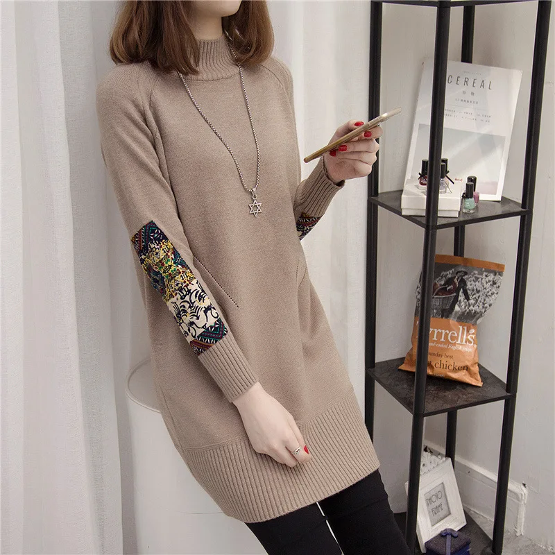 

Half High Collar Long Knit Sweater Women Jumper Ladies Korean Autumn Winter Thick Vintage Patch Design Knitted Pullover Female
