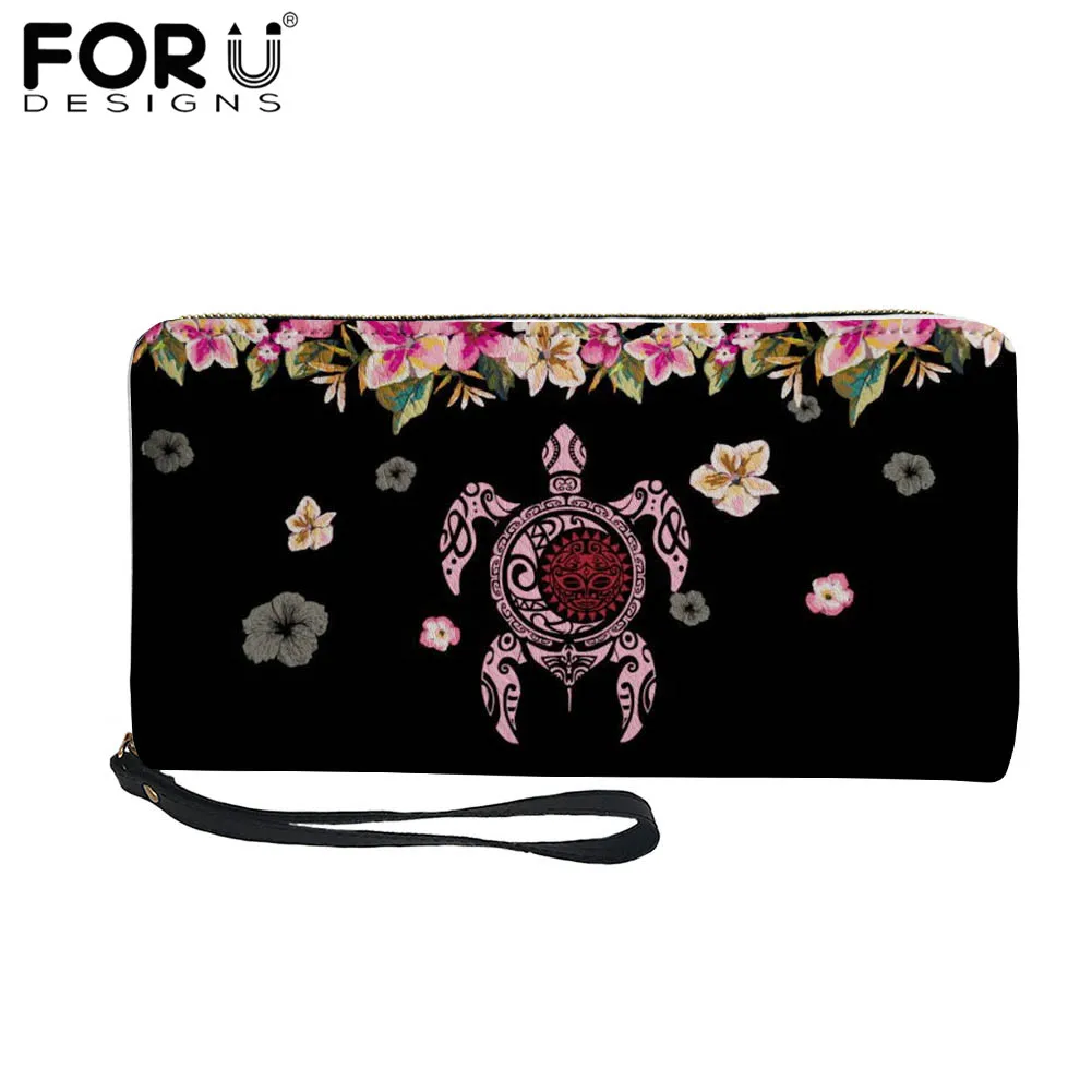 

FORUDESIGNS Hawaiian Turtle Hibiscus Flower Pattern Portable Coin Money Bag Fashion Ladies Wristlet Wallet Women Zipper Purse
