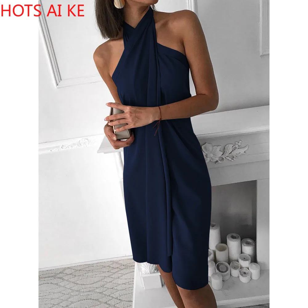 

Europe and the United States new sexy women's dress hang neck loose irregular hem summer casual dress