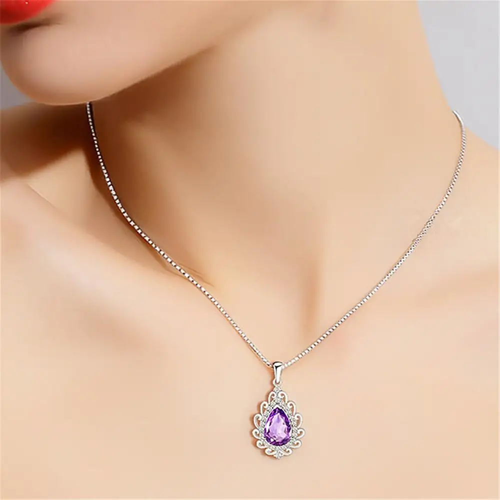 

Vintage carving purple crystal amethyst gemstones diamonds pendant necklaces for women white gold silver color choker jewelry