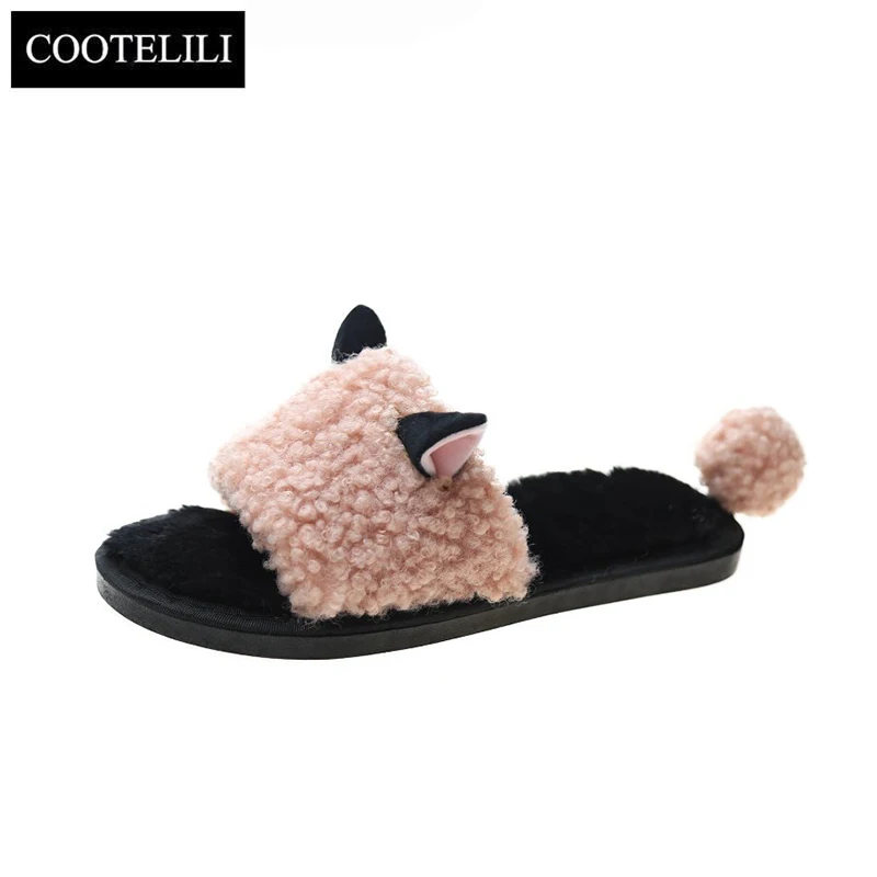 COOTELILI Woman Slippers Winter Shoes For Women New Fashion Sheep Faux Fur Flat Heel Pink Beige Plus Size 40 41 | Обувь