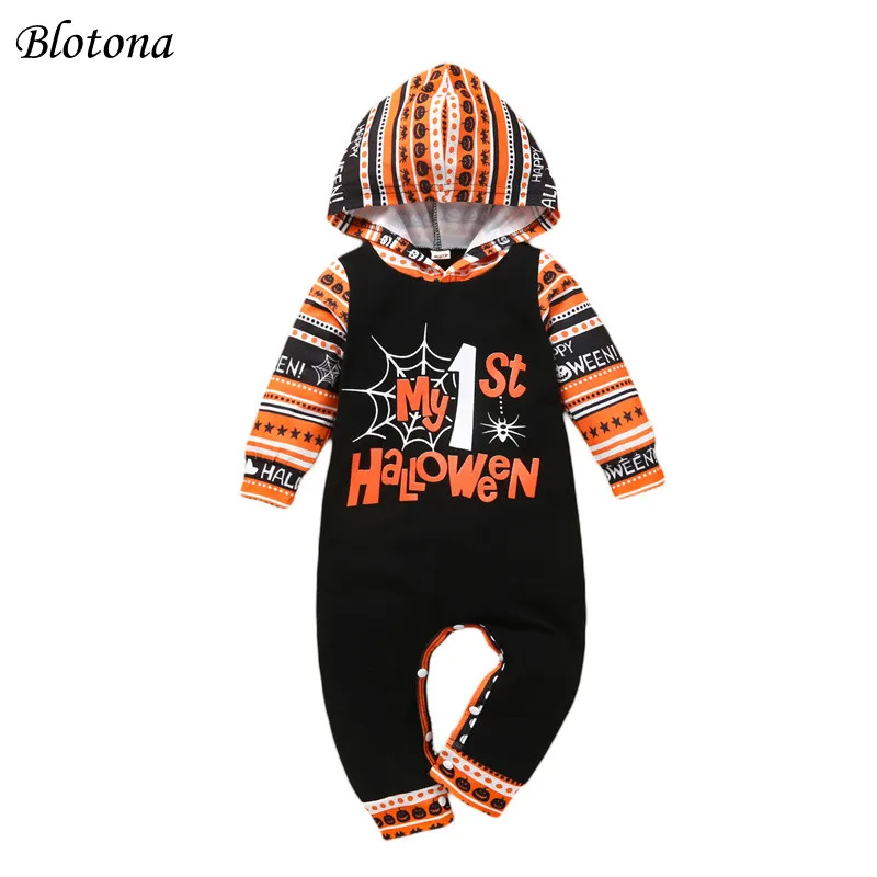 

Blotona Infant Hooded Jumpsuit, My First Halloween Letter Pumpkin Print Celebrate Holiday Spring Long Sleeve Romper, 0-18Months