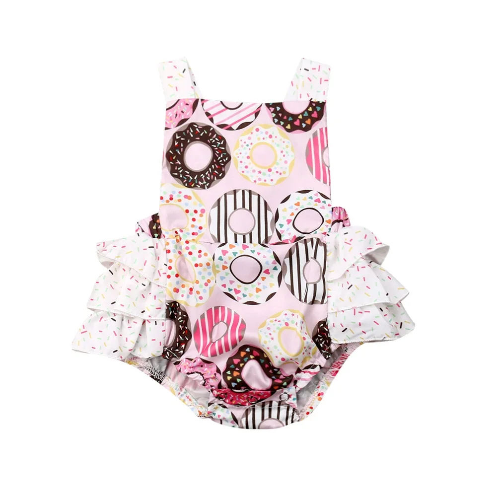 

Newborn Baby Girl Clothes Donut Print Ruffles Lace up Sleeveless Rompers Jumpsuit Summer Baby Girls Clothing 0-24M