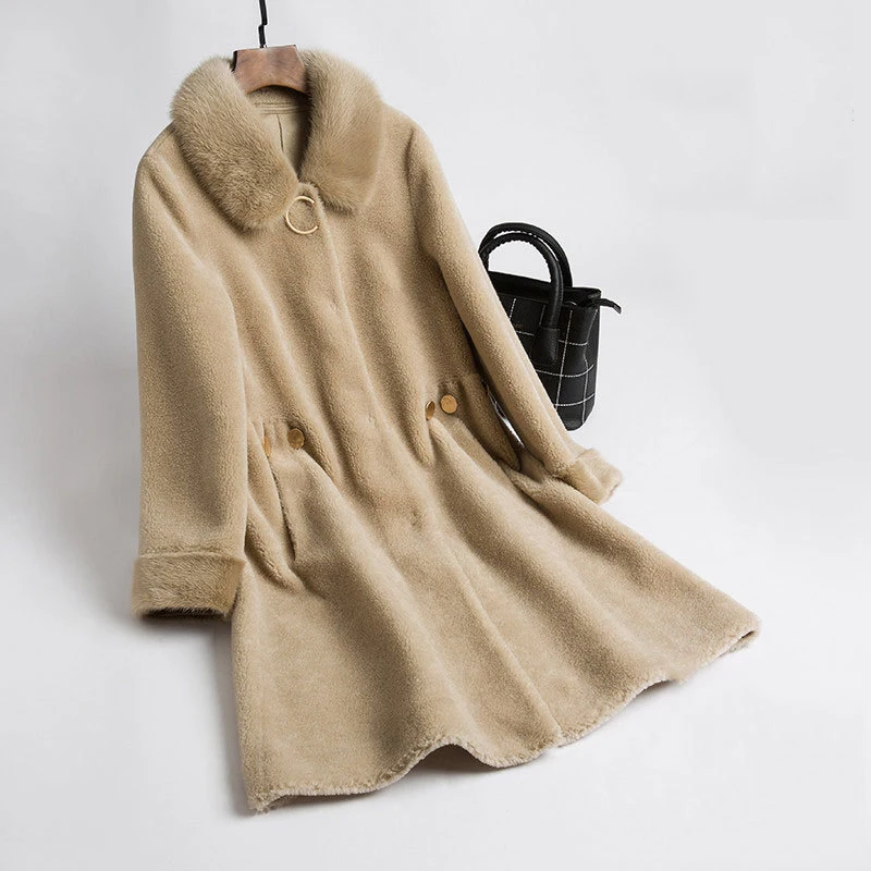 Женская зимняя Длинная шерстяная Шуба с воротником из меха норки |