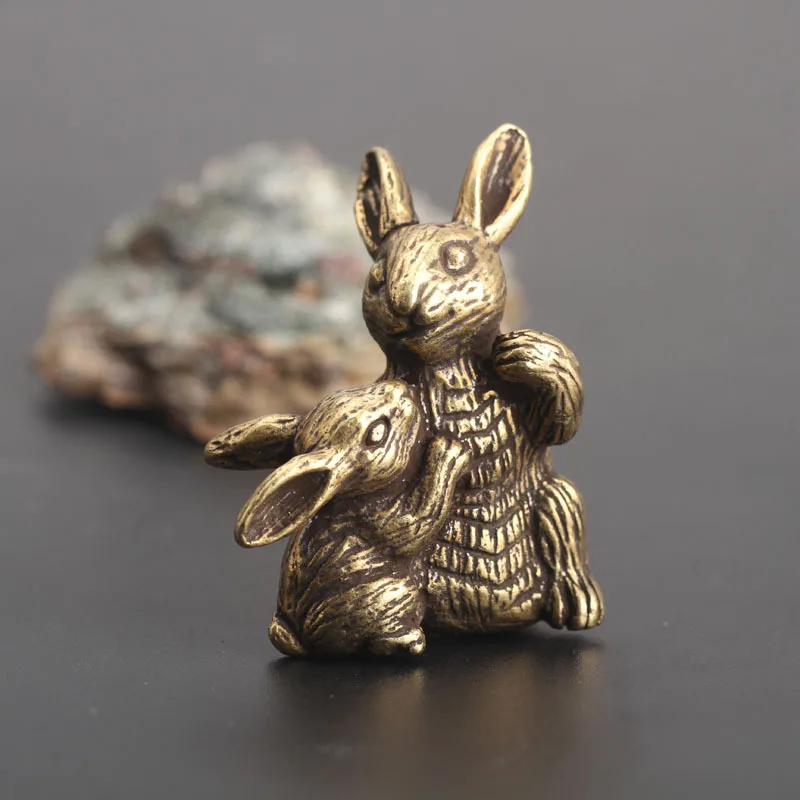 Медная мать ребенок кролики маленькое украшение статуи античная латунь животное