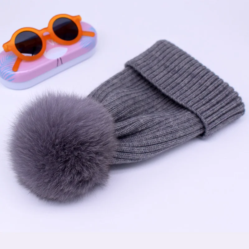 gray fox fur Зимняя Весенняя вязаная шерстяная шапка Skullies повседневная женская шапка натуральный помпон из лисьего меха шапки - Цвет: gray fox fur
