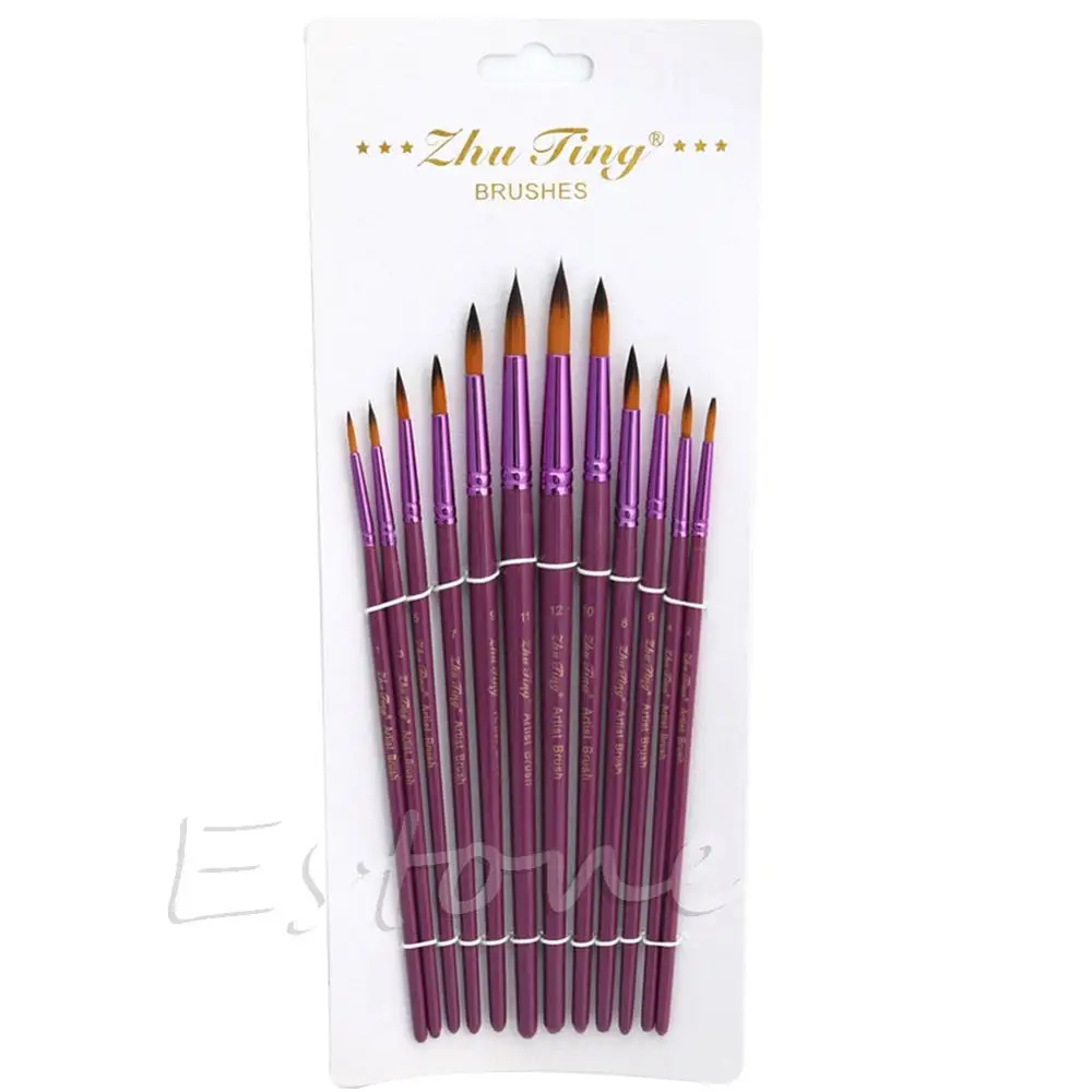 

12pcs Flat Tip Painting Brushes Set Artist Nylon Hair Watercolor Oil Drawing Pen