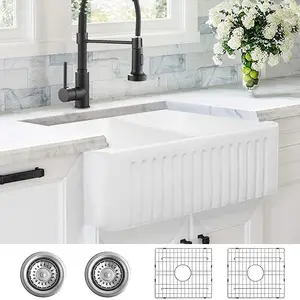 3324 inch white farmhouse sink double basin apron front kitchen sink fireclay reversible kitchen sink with grid and drains free global shipping