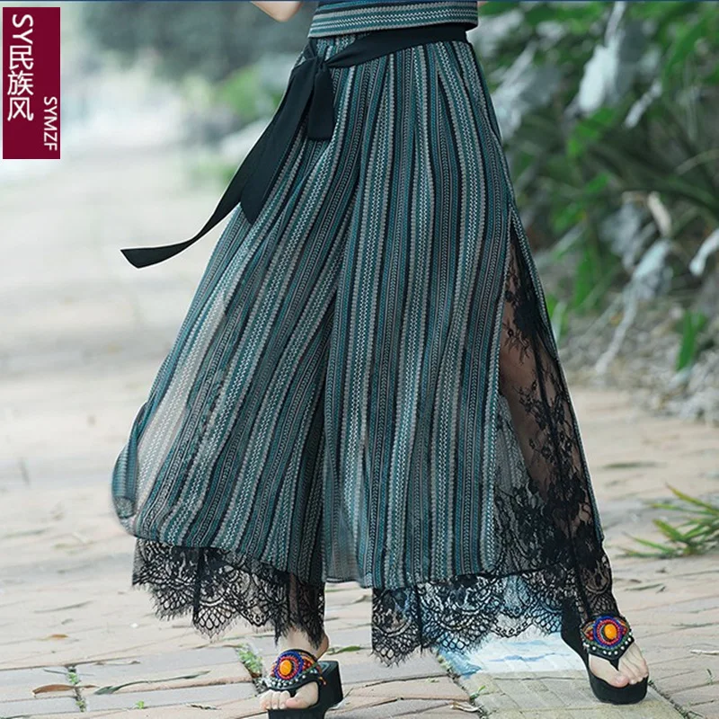 

2020 spring and summer clothing new literary retro lace stitching chiffon pants wide-leg pants casual straight loose pant