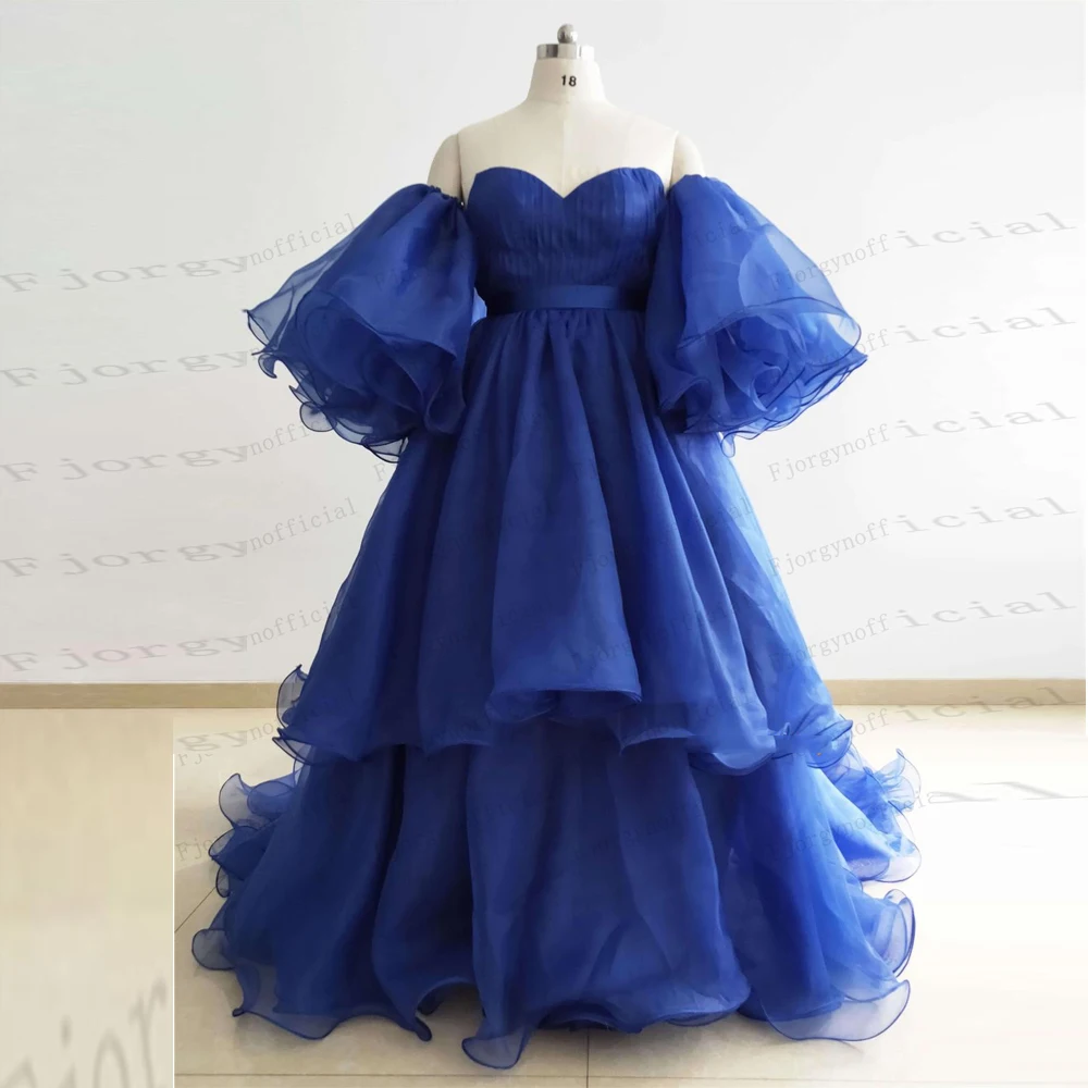 

Court Style Off Shoulder Flare Sleeve Evening Gowns Blue Tiered Ball Gown Party Dress for Formal Event Sweep Train Zipper Back