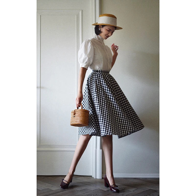 LYNETTE'S CHINOISERIE Spring Summer Original Design Women All-match Vintage Plaid Empire A-line Skirts