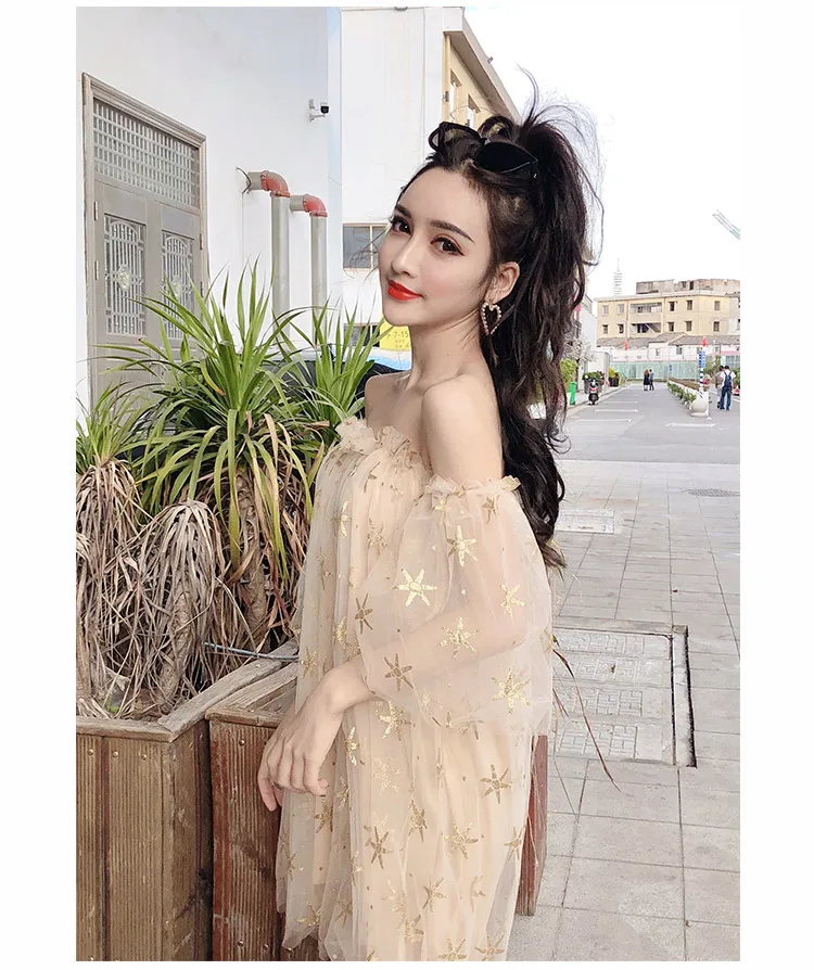 WHITNEY WANG 2020 Spring Summer Fashion Streetwear Sexy Strapless Stars Sequins Mesh Dress Women Night Club | Женская одежда